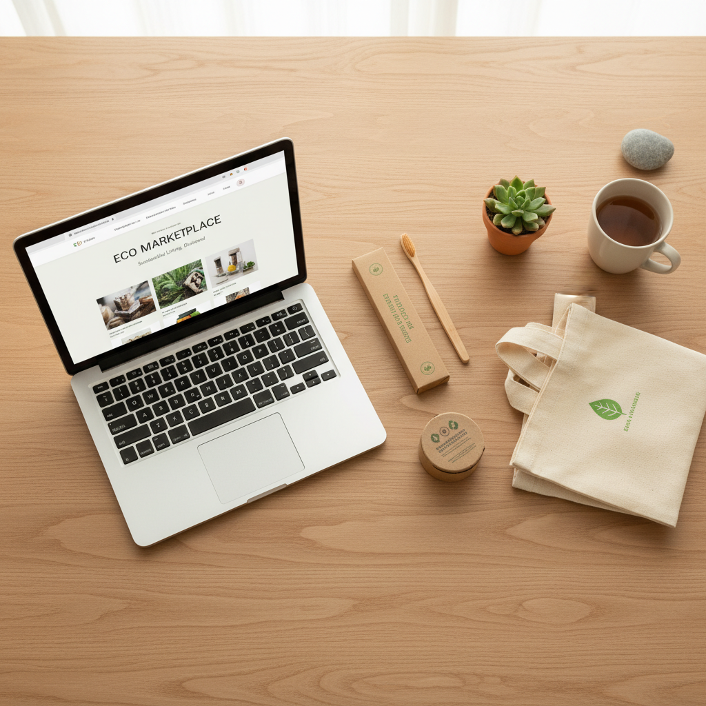 Minimalistinis stalas su nešiojamuoju kompiuteriu, rodančiu ekologiškos parduotuvės internetu svetainę ir ekologiškais produktais.