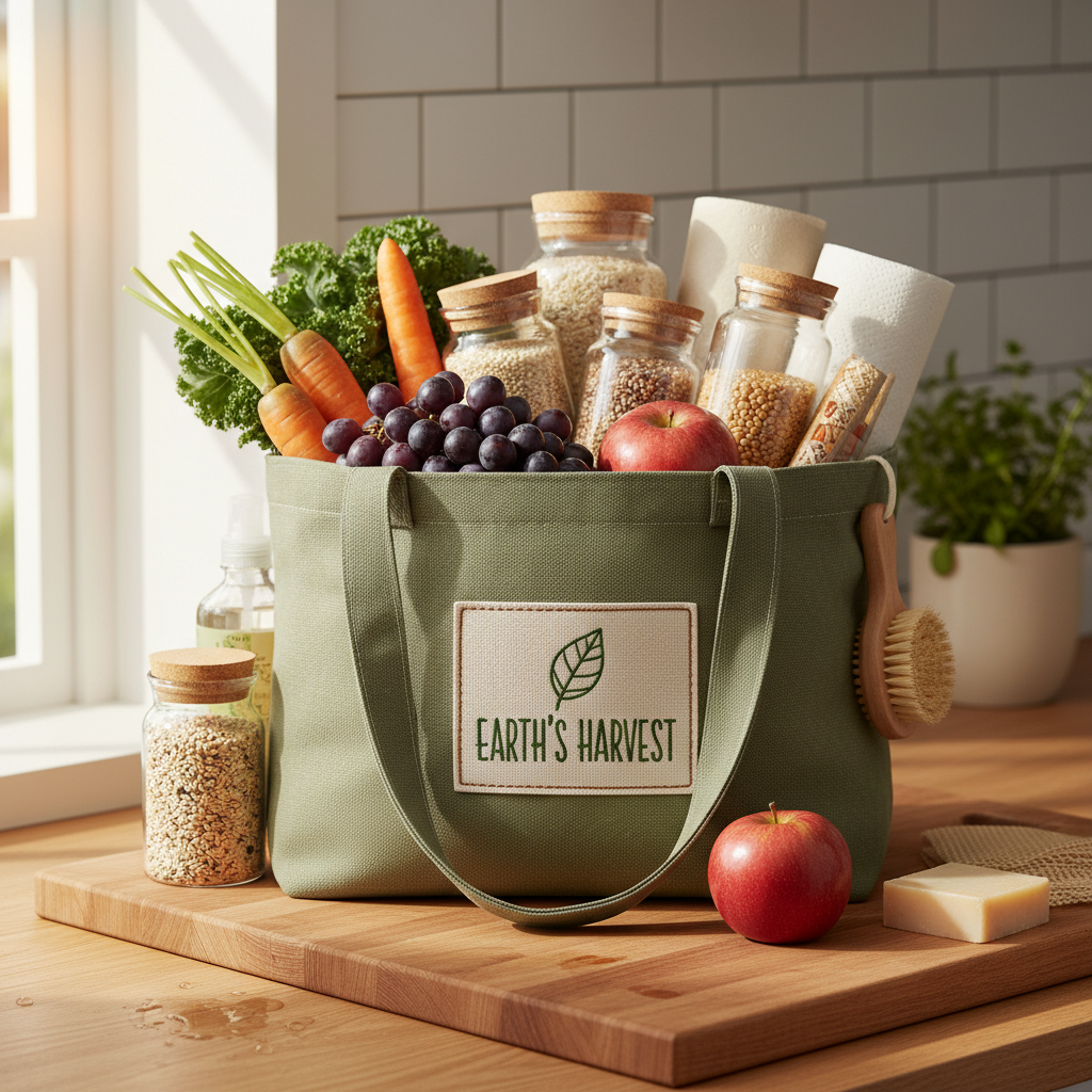 Ekologiškas pirkinių krepšys pilnas tvarių prekių, nupirktų ekologiškoje parduotuvėje internetu.