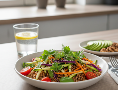 Sveikas patiekalas iš žalių grikių su daržovėmis ir žolelėmis ant medinio stalo