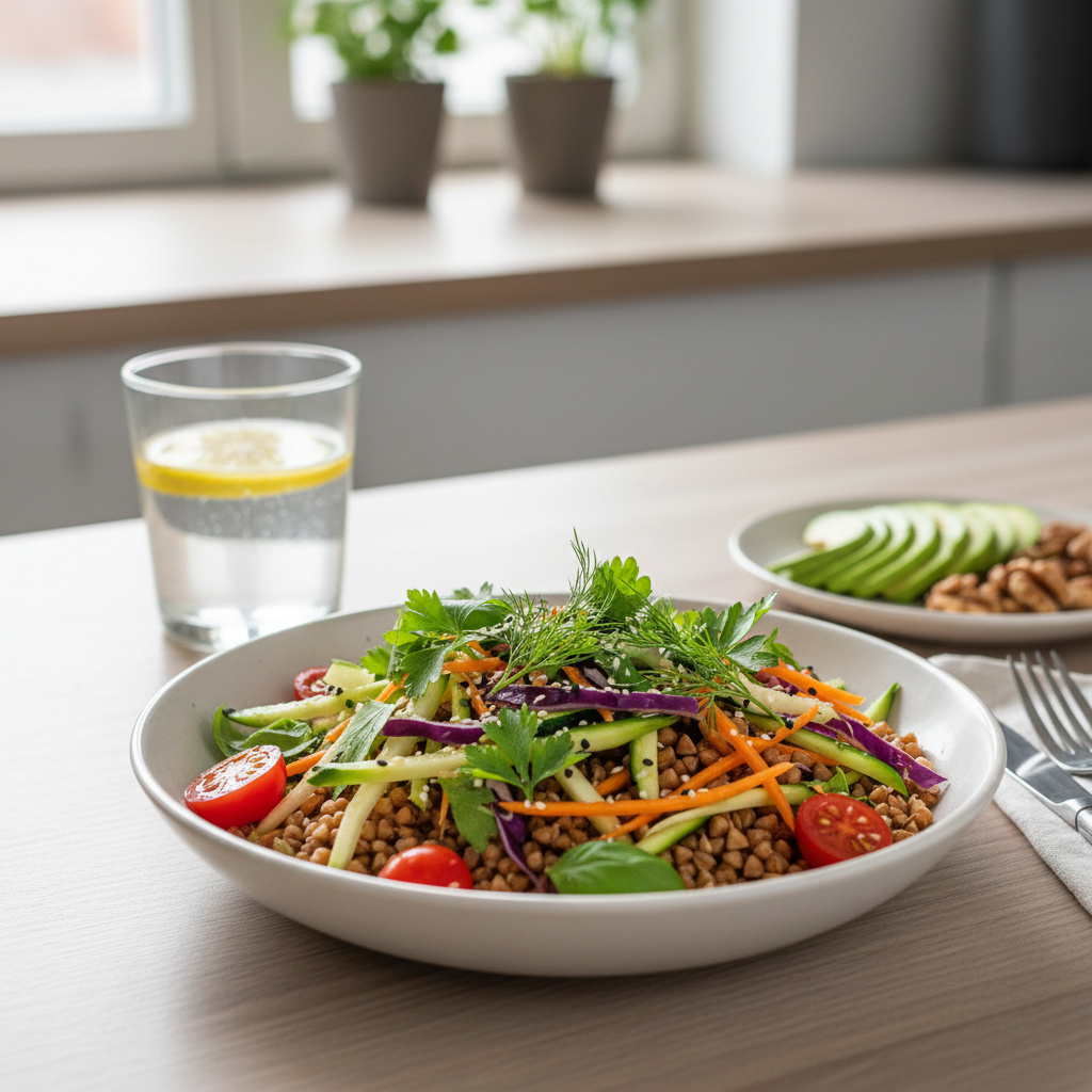 Sveikas patiekalas iš žalių grikių su daržovėmis ir žolelėmis ant medinio stalo