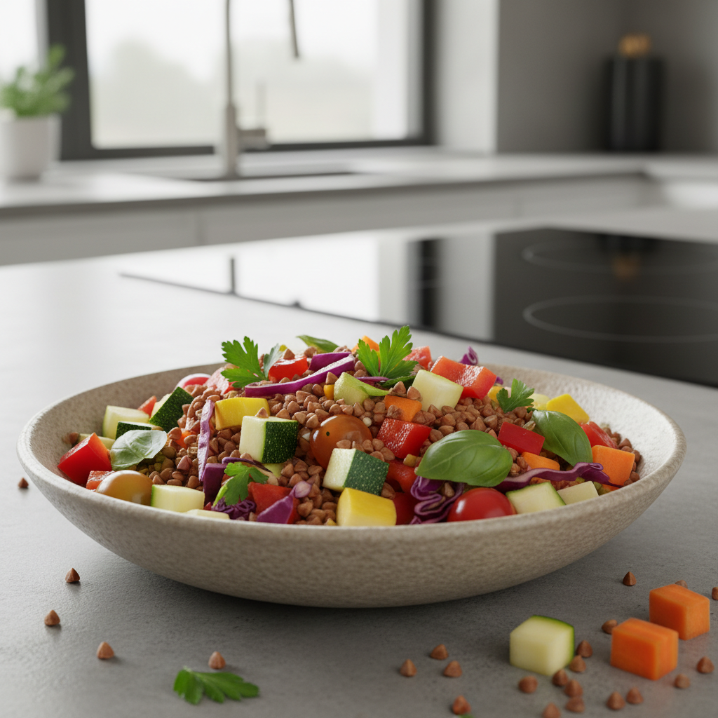 Žali grikiai sumaišyti su spalvingomis šviežiomis daržovėmis dubenyje