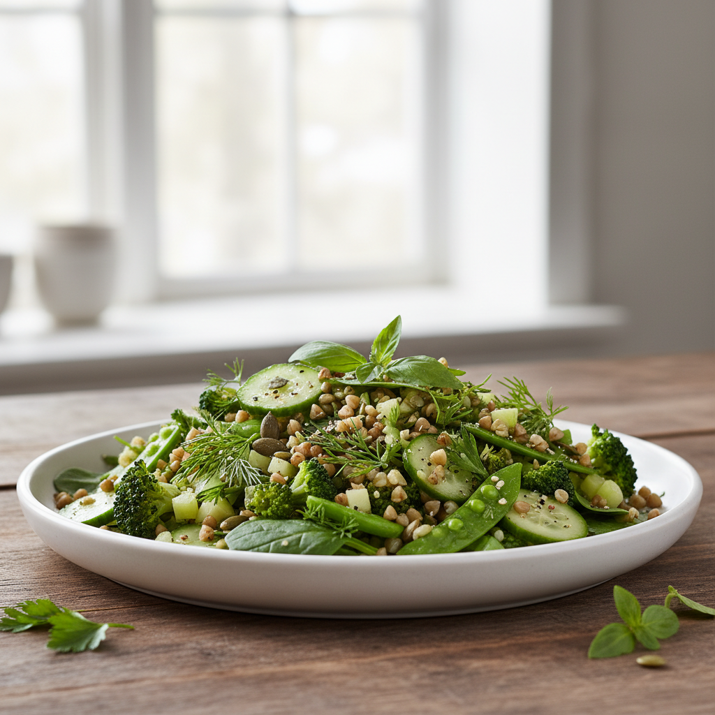 Šviežios grikių salotos su žaliomis daržovėmis ir žolelėmis baltame lėkšte