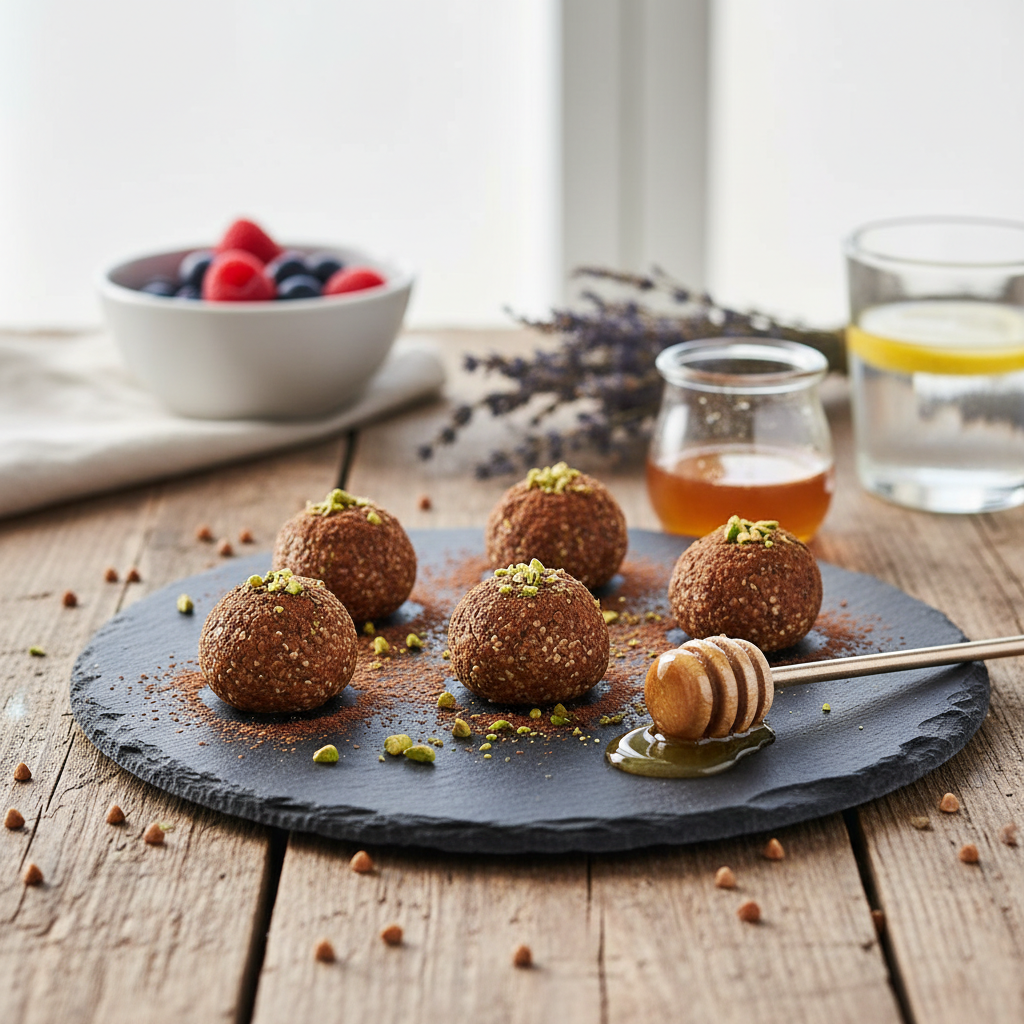 Desertas iš žalių grikių su medumi ant medinio paviršiaus