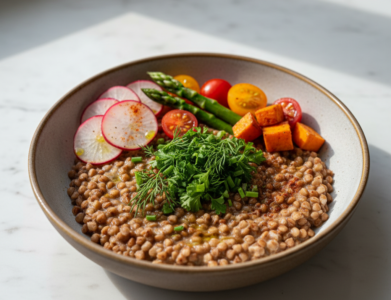 Gardus grikių košės patiekalas su šviežiais žalumynais ir daržovėmis