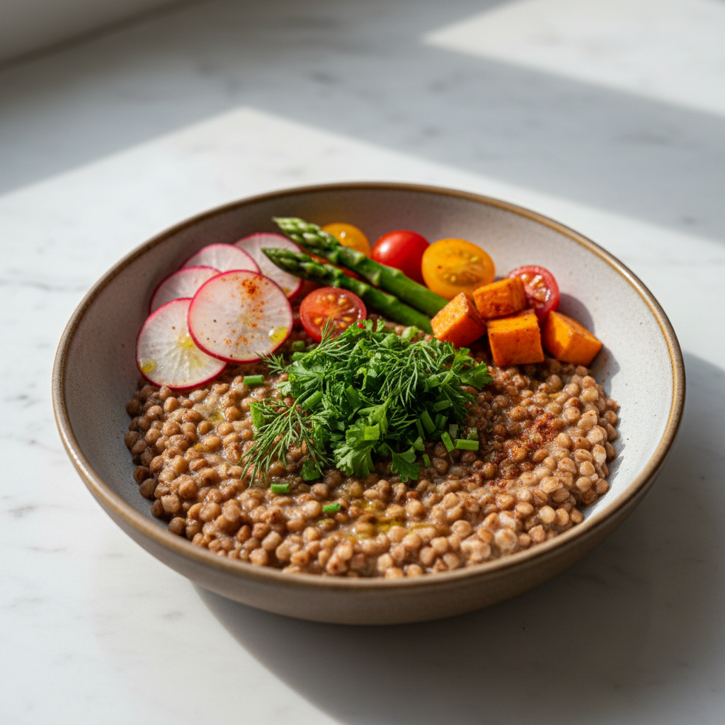 Gardus grikių košės patiekalas su šviežiais žalumynais ir daržovėmis