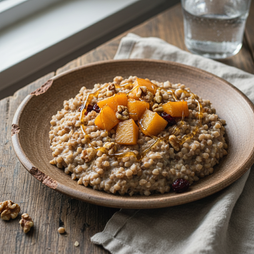 Grikių košė su svarainiais ir medumi ant keramikinio lėkštės