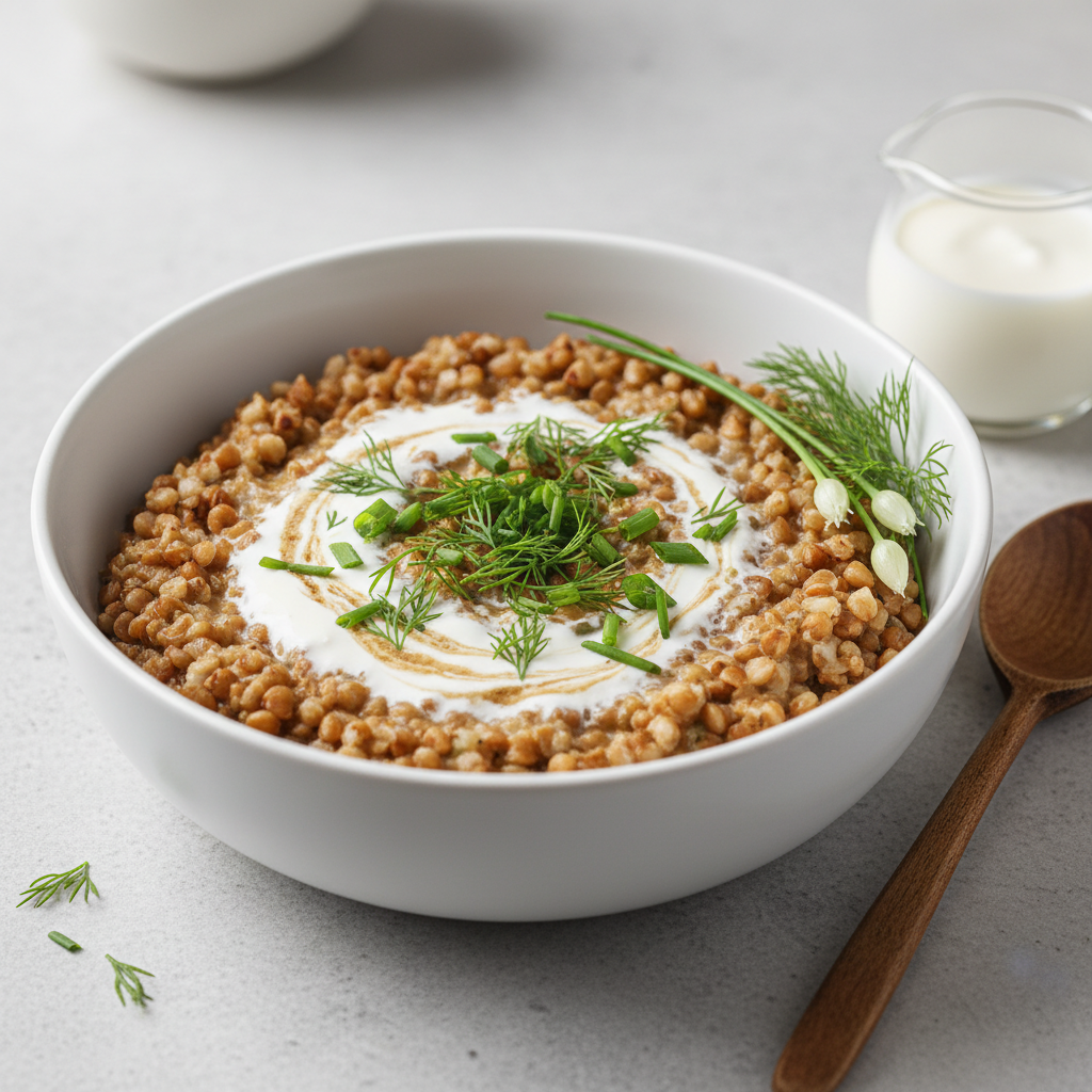 Kreminė grikių košė su šviežiomis žolelėmis baltame dubenyje