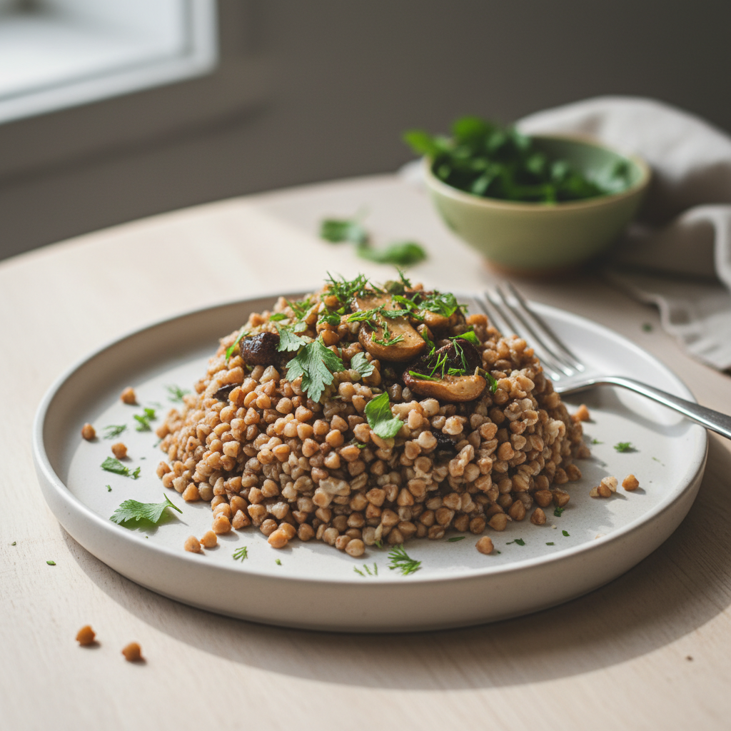 Grikių košė su šviežiais miško grybais ir žolelėmis