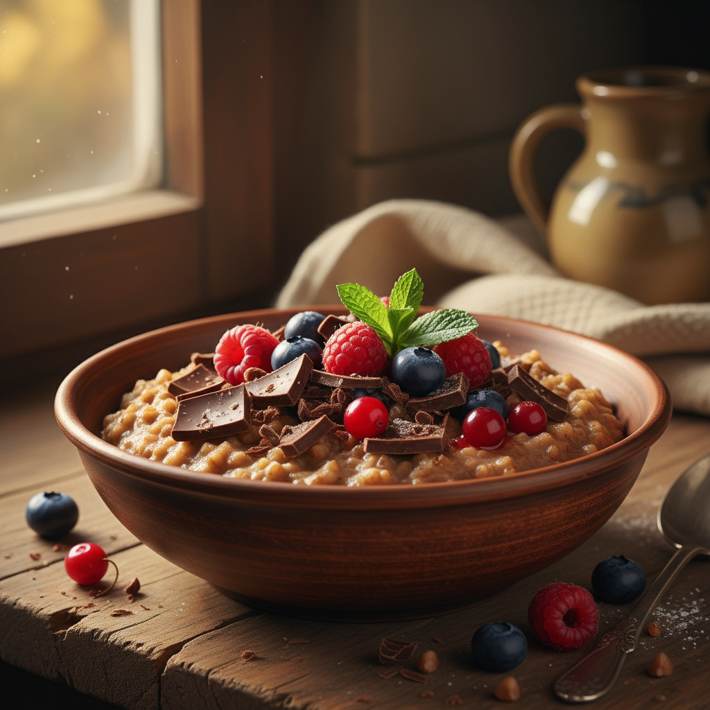 Grikių košė su tikru šokoladu ir miško uogomis dubenyje