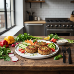Grikių kotletai be mėsos patiekti su šviežiomis daržovėmis