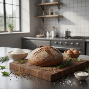 Sveika grikių duona be mielių ant medinio lentelės virtuvėje