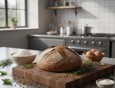 Sveika grikių duona be mielių ant medinio lentelės virtuvėje