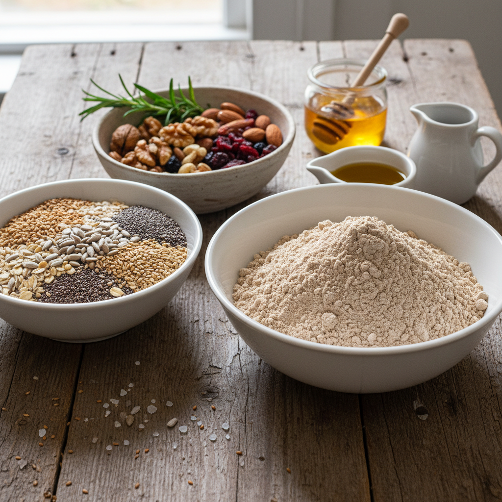 Grikių duonos be mielių ingredientai lėkštėse ant medinės lentelės