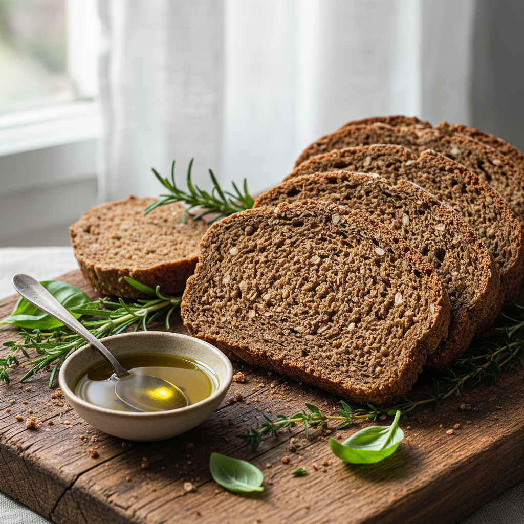 Pjaustyta sveika grikių duona be mielių ant medinio padėklo