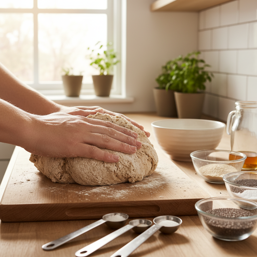 Rankos demonstruoja grikių duonos be mielių gamybos patarimus