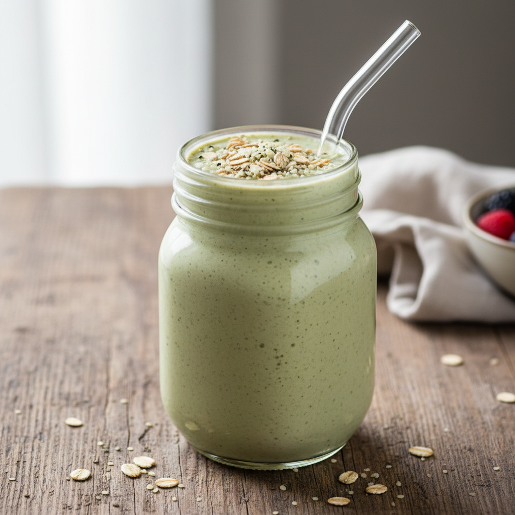 Sveikas baltyminis kokteilis su avižomis ir kanapių aliejumi ant medinio stalo