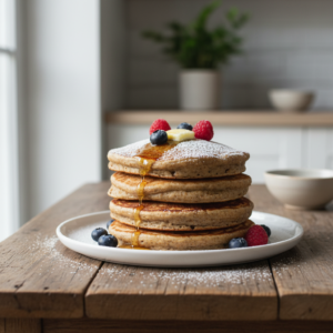 Purus grikių miltų blynai ant balto lėkšto be glitimo