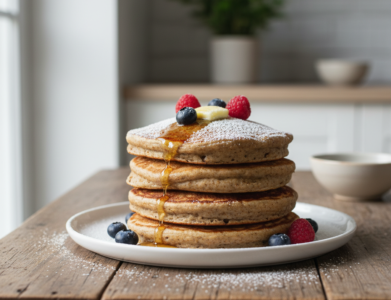 Purus grikių miltų blynai ant balto lėkšto be glitimo