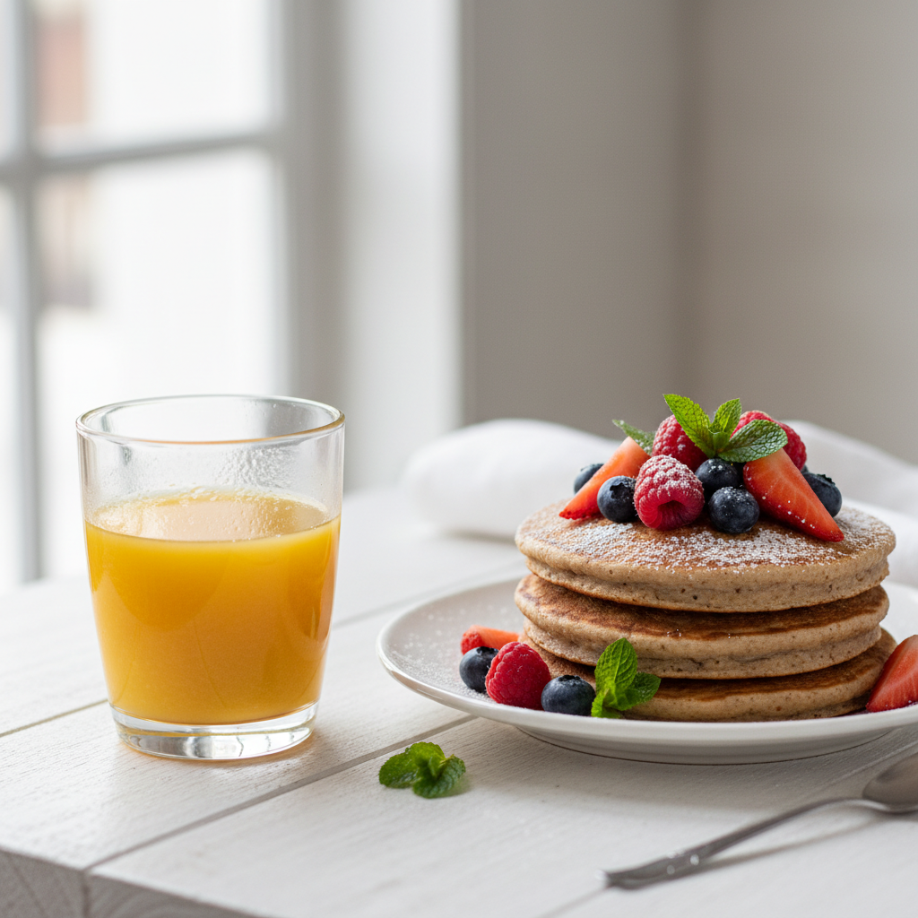 Griki milt blynai su uogomis ir stikline apelsin73 sul0di