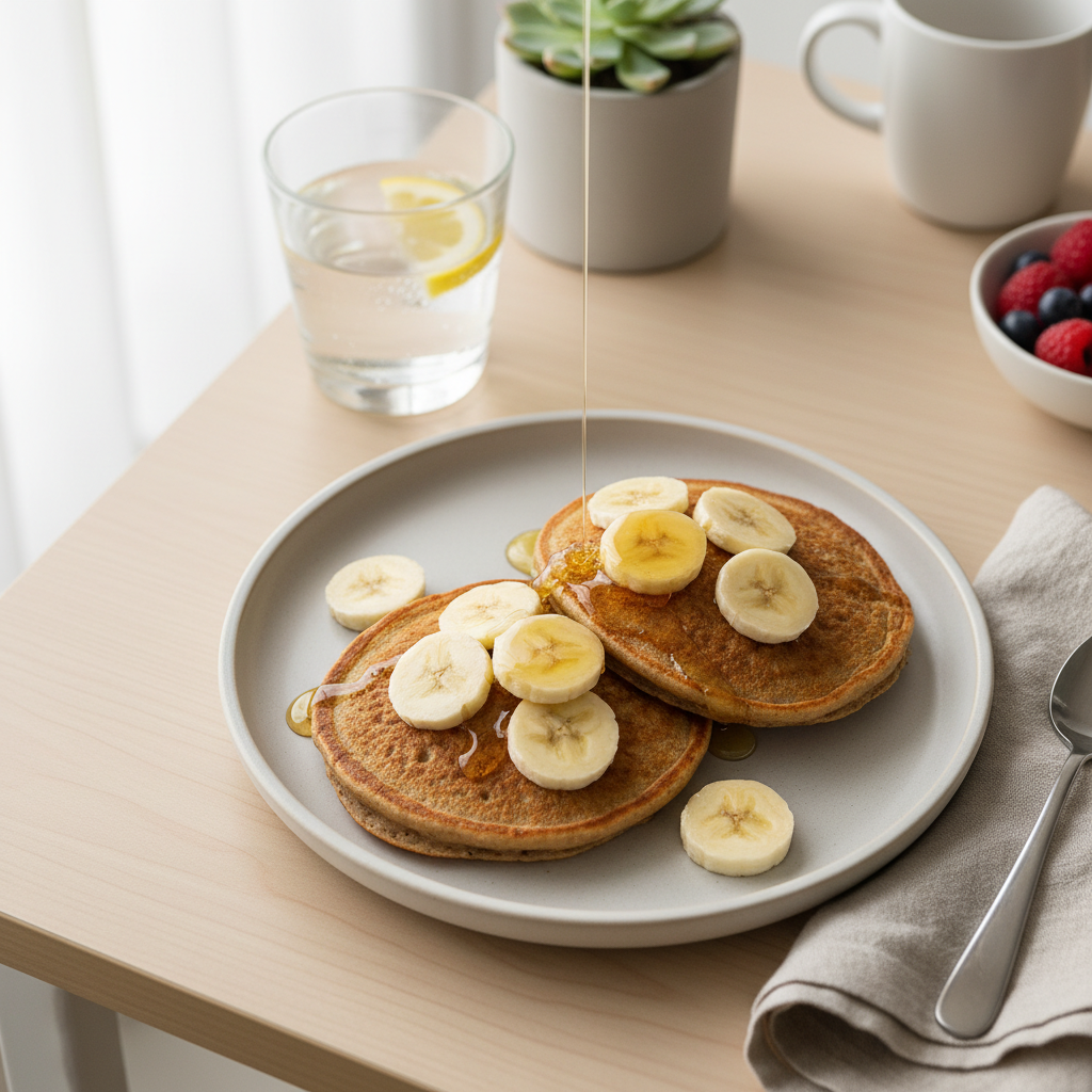 Griki milt blynai su bananais ir medumi ant stalo