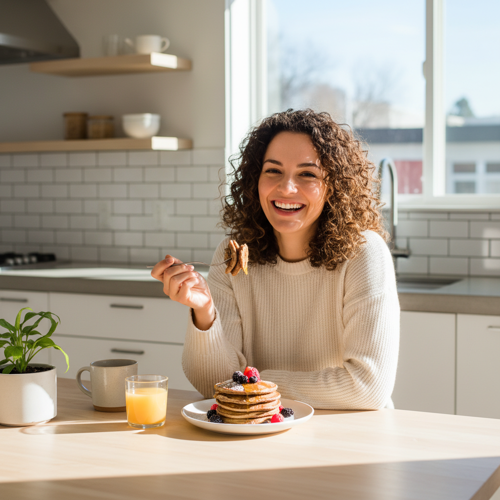 Laiminga moteris valgo griki milt blynus be glitimo prie virtuv7s stalo