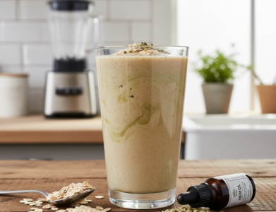 Baltyminis kokteilis su avižomis ir kanapių aliejumi stiklinėje ant medinio stalo