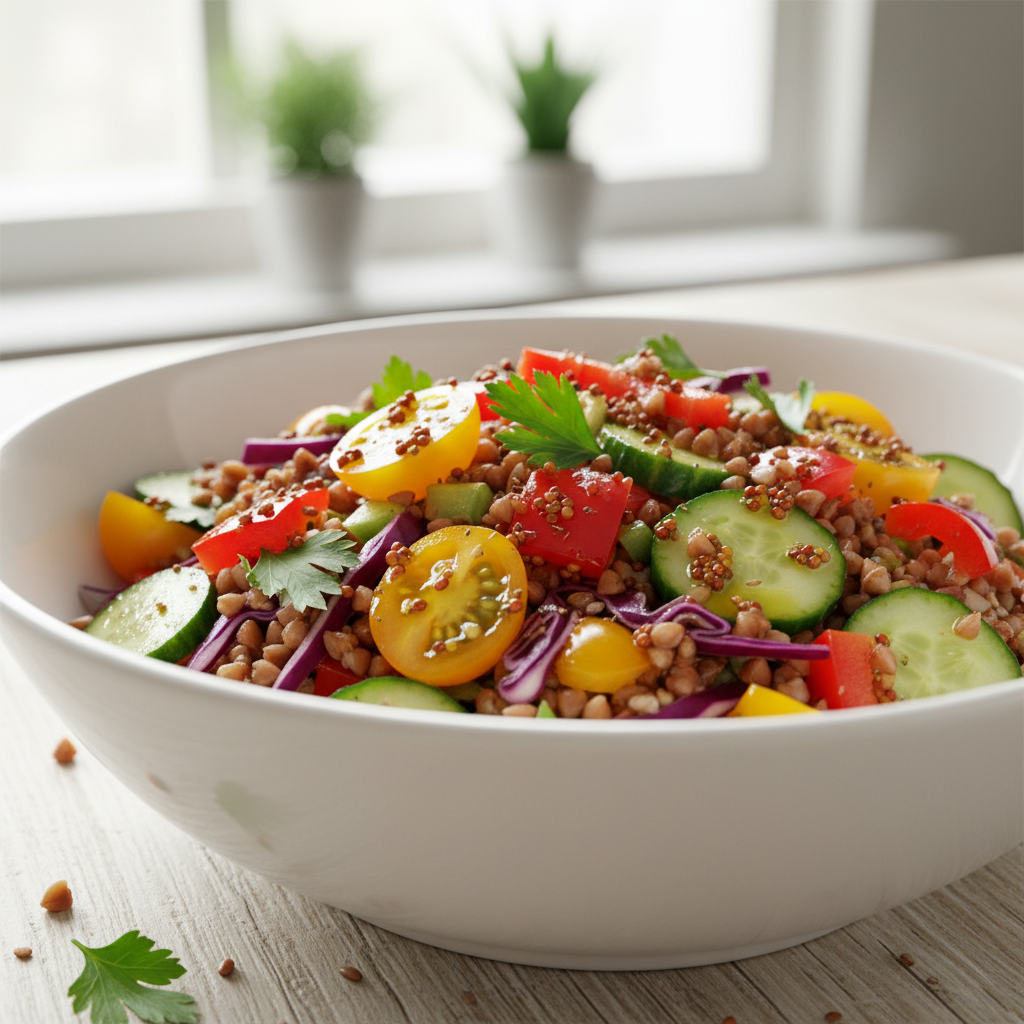 Sveikos grikių salotos su šviežiomis daržovėmis ir garstyčių aliejumi