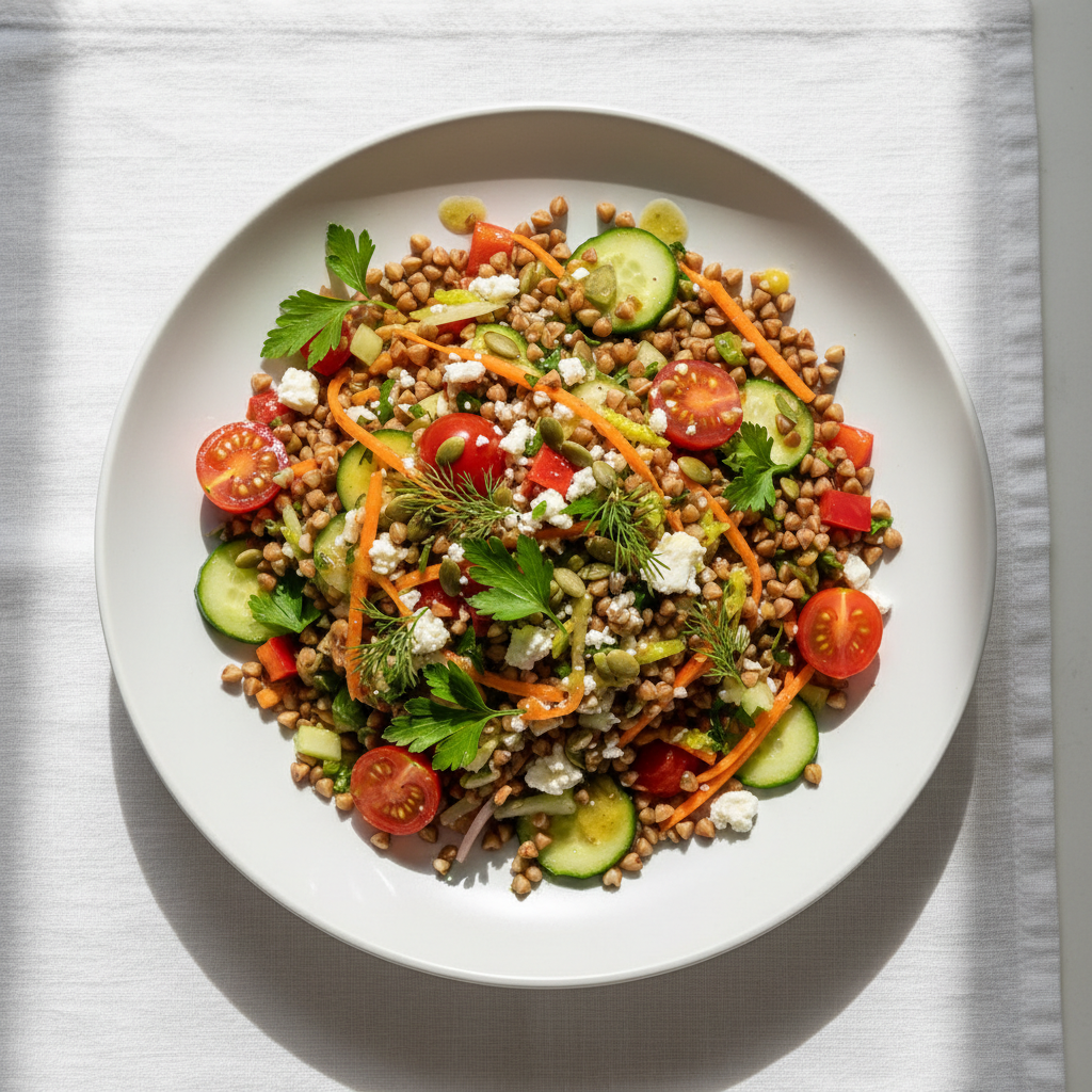 Grikių salotos patiektos su šviežiomis daržovėmis