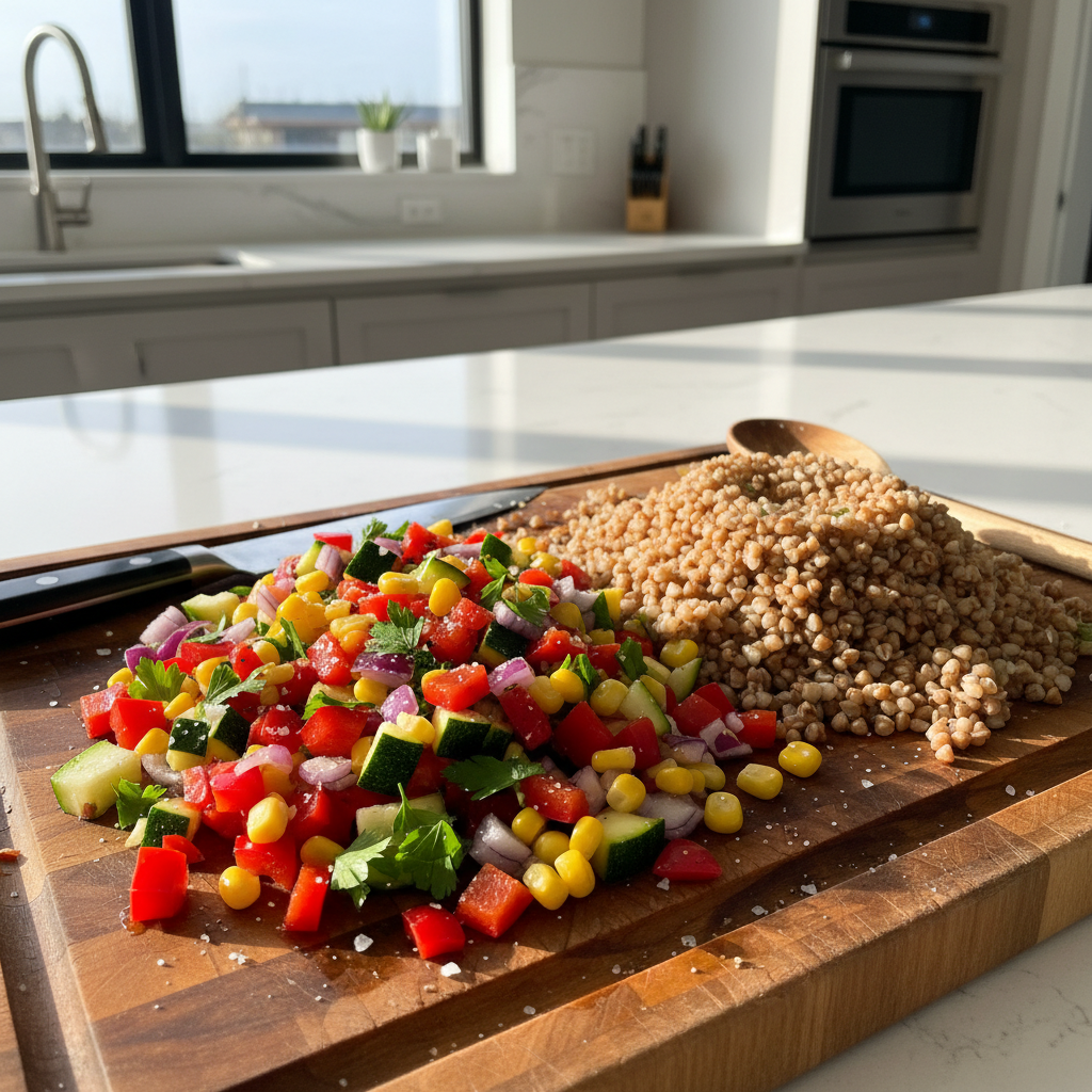 Daržovės ir grikiai grikių salotoms