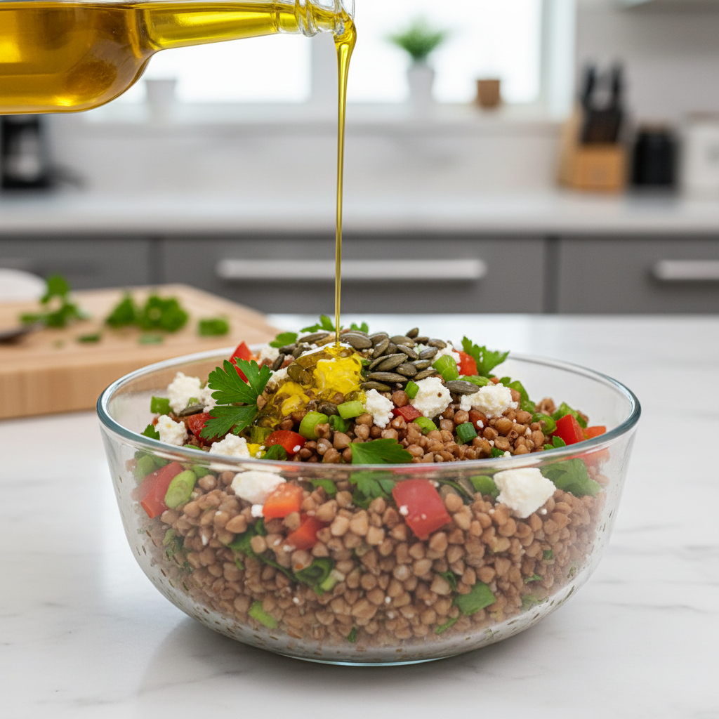 Garstyčių aliejaus pylimas į grikių salotas