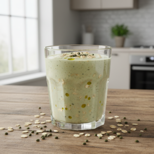 Baltyminis kokteilis su avižomis ir kanapių aliejumi stiklinėje ant medinio stalo