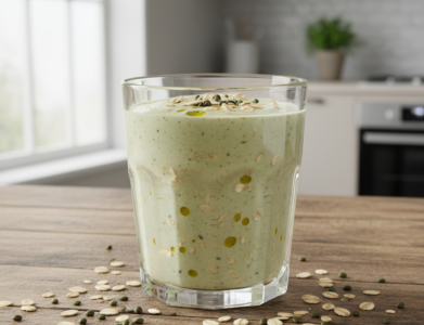 Baltyminis kokteilis su avižomis ir kanapių aliejumi stiklinėje ant medinio stalo