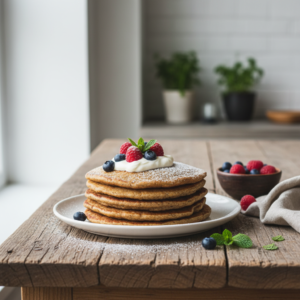 Gardūs ruginiai blynai ant medinio stalo su šviežiomis uogomis ir grietine