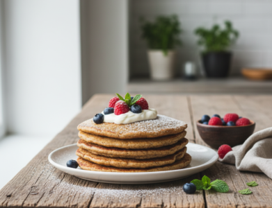 Gardūs ruginiai blynai ant medinio stalo su šviežiomis uogomis ir grietine