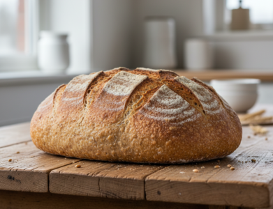 Naminė pilno grūdo kvietinė duona orkaitėje ant medinio stalo
