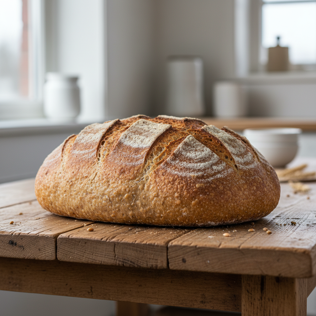 Naminė pilno grūdo kvietinė duona orkaitėje ant medinio stalo