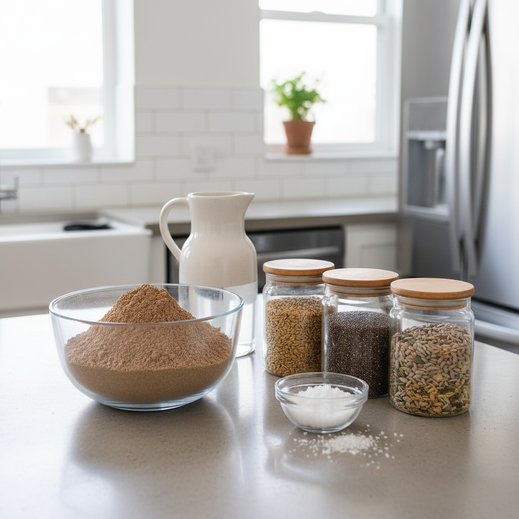 Pilno grūdo duonos ingredientai ant stalo