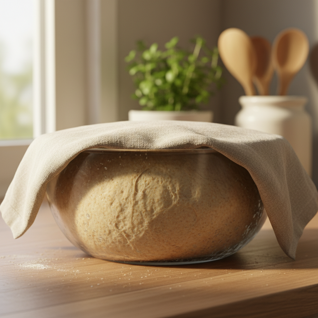 Pilno grūdo duonos tešla kyla stiklinėje dubenyje