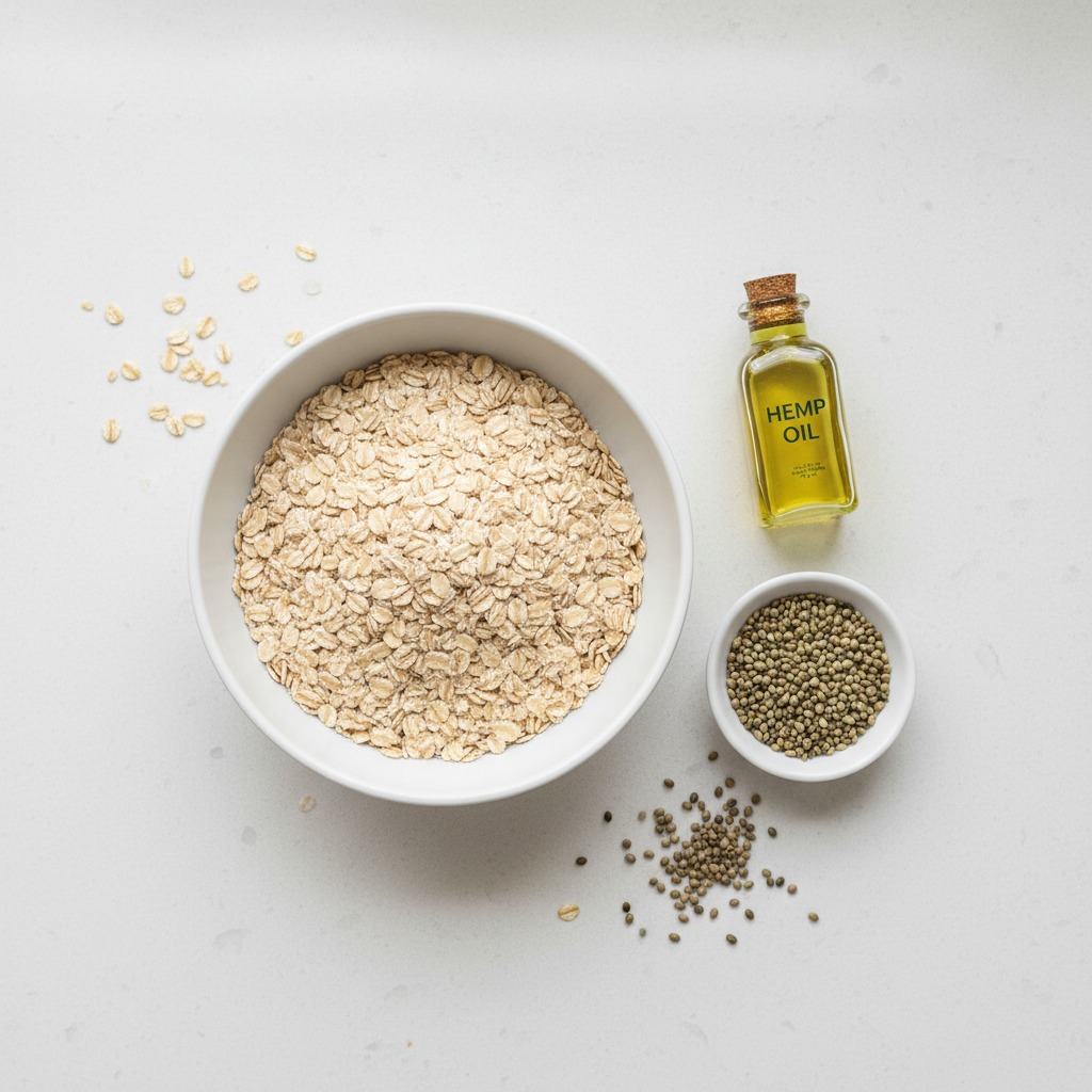 Avižos, kanapių sėklos ir kanapių aliejus ant švaraus virtuvės stalo