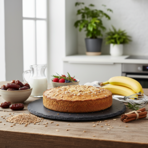 Sveikas spelta miltų pyragas be pridėtinio cukraus ant medinio stalo