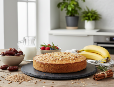 Sveikas spelta miltų pyragas be pridėtinio cukraus ant medinio stalo