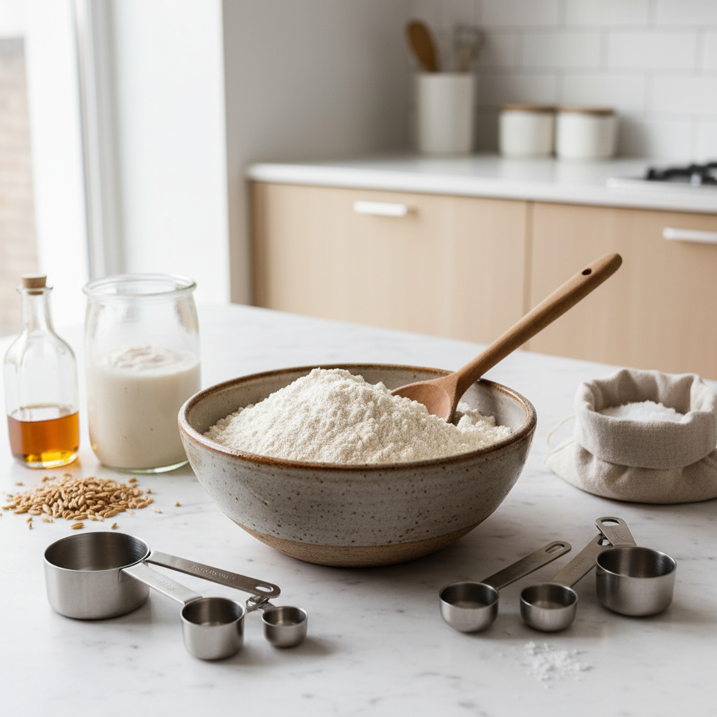 Spelta miltai dubenyje su mediniu šaukštu ant virtuvės stalo