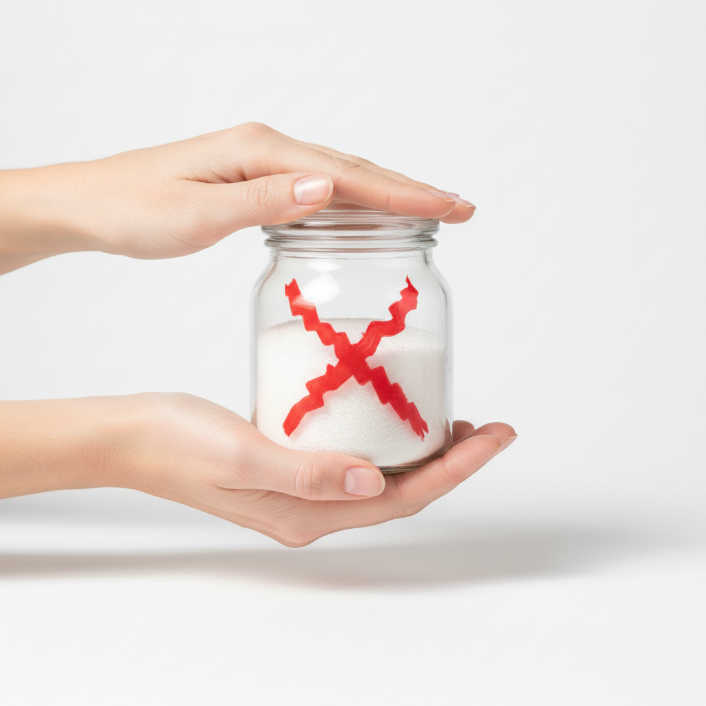 Rankos laiko cukraus indelį su perbraukta raudona linija