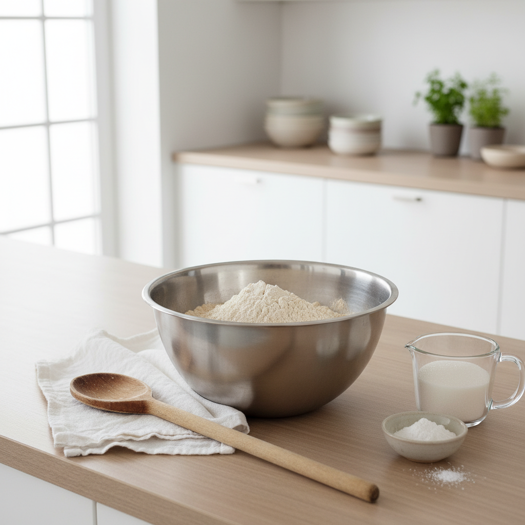 Spelta miltų pyrago tešlos ruošimas švarioje virtuvėje