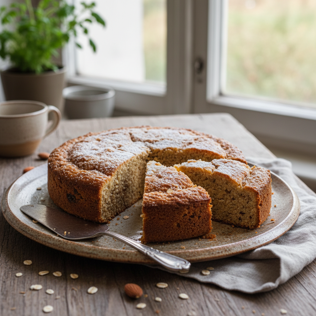 Paruoštas spelta miltų pyragas be pridėtinio cukraus supjaustytas lėkštėje