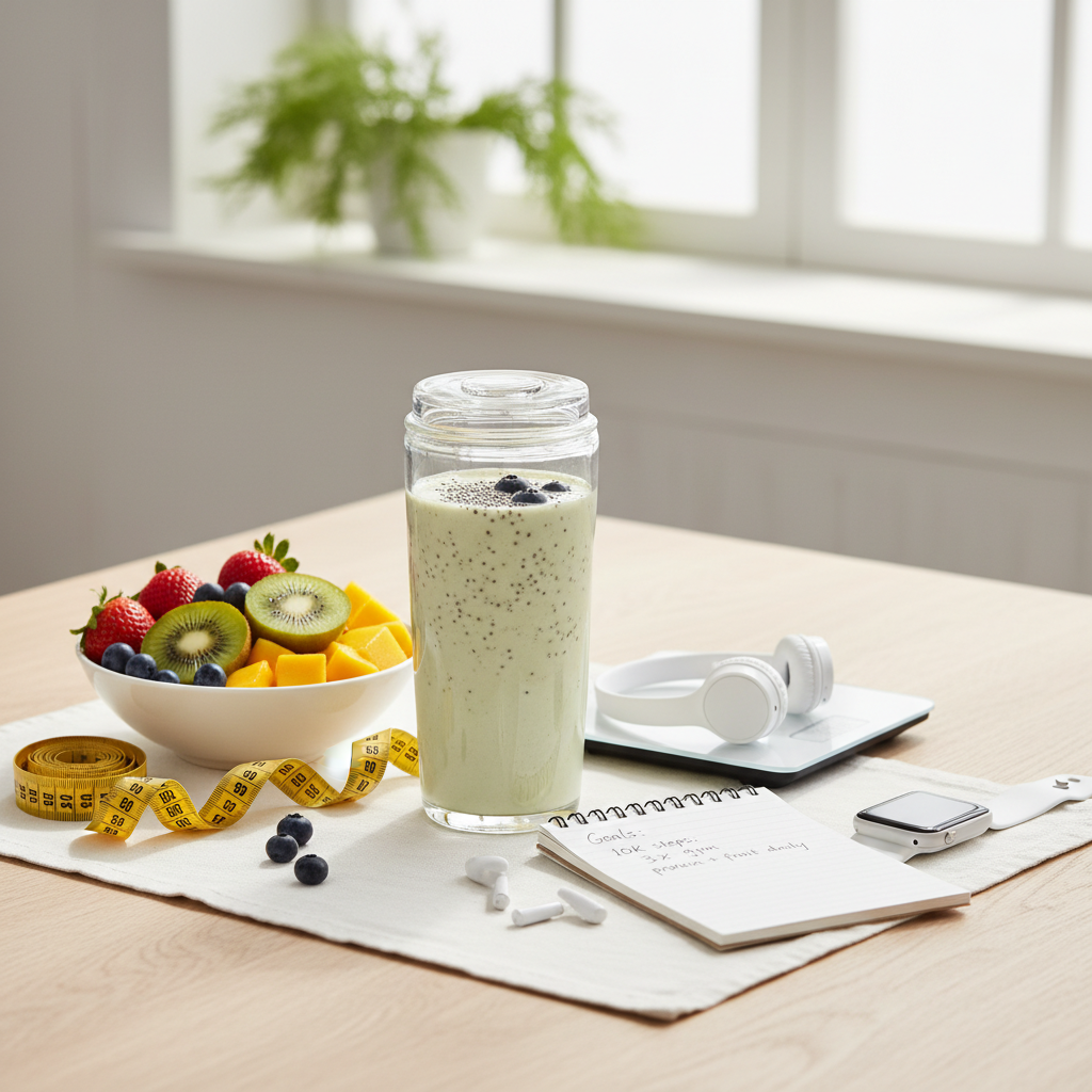 Sveikas gyvenimo b6bdas su baltyminiu kokteiliu ir 1vieeiais vaisiais