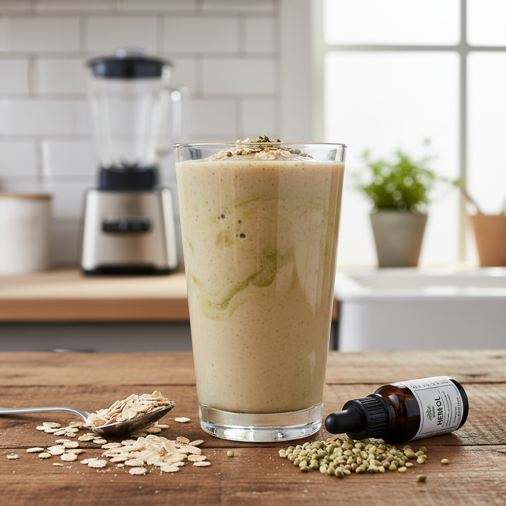 Baltyminis kokteilis su avižomis ir kanapių aliejumi stiklinėje ant medinio stalo