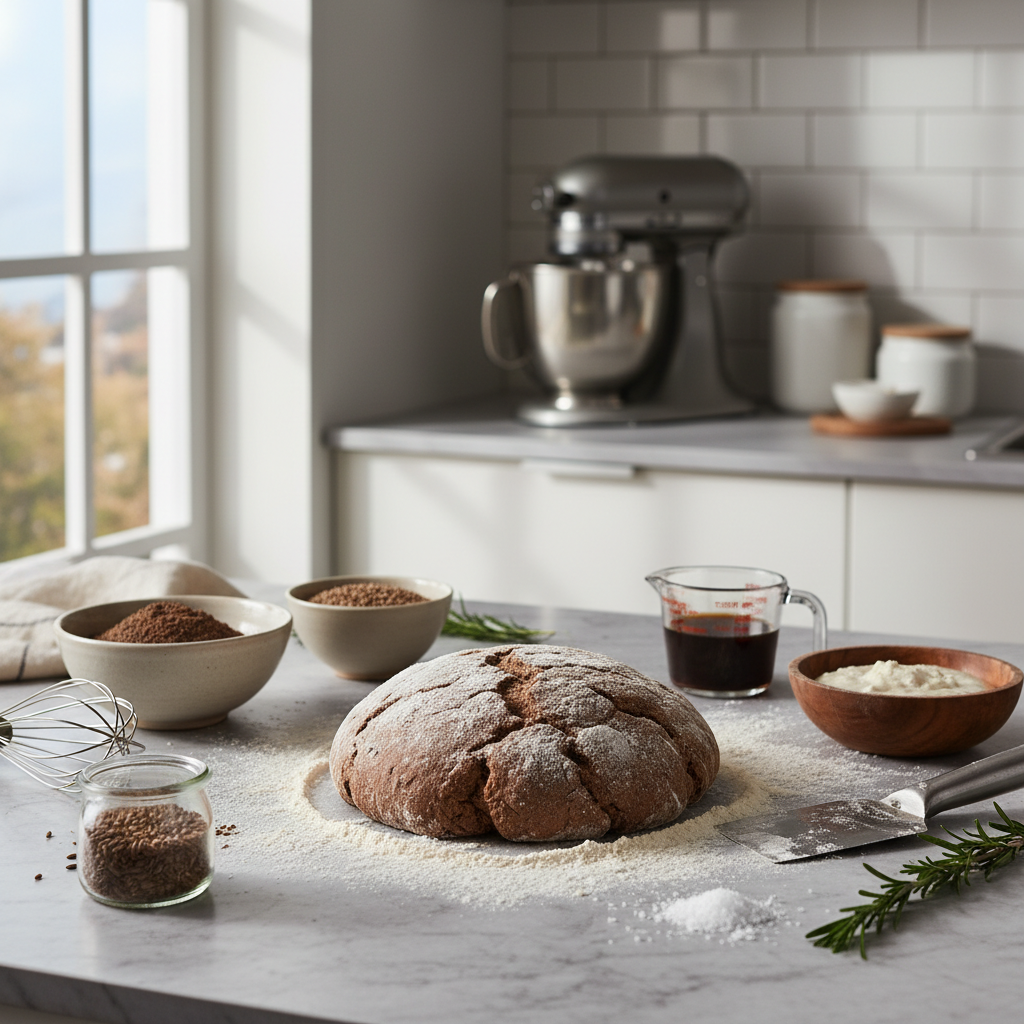 Ruginių trapučių tešla ir ingredientai ant stalviršio