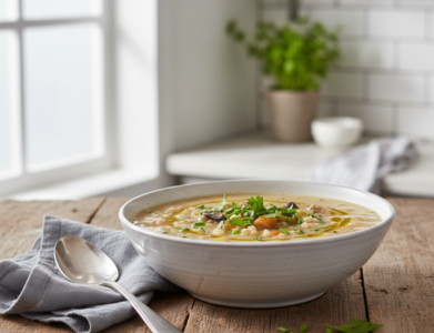 Perlinių kruopų sriuba dubenyje ant medinio stalo