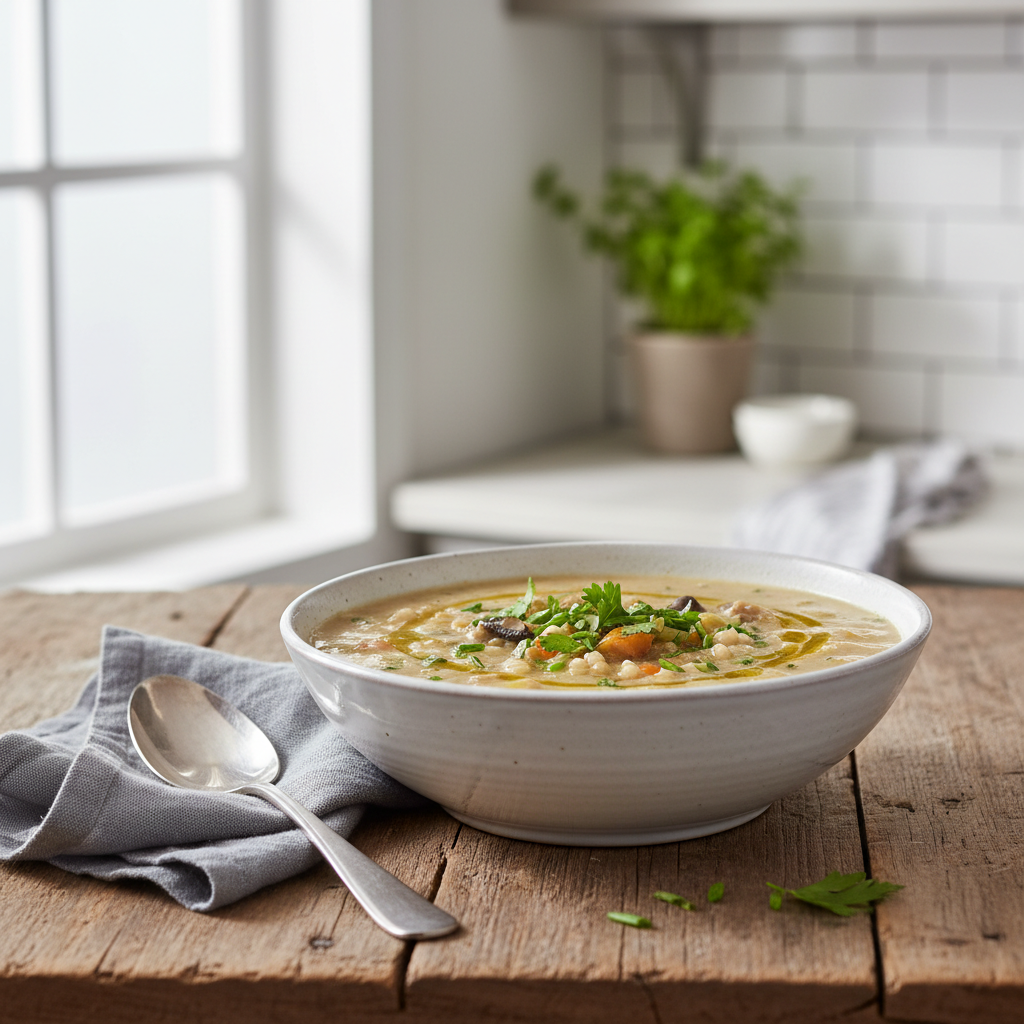 Perlinių kruopų sriuba dubenyje ant medinio stalo